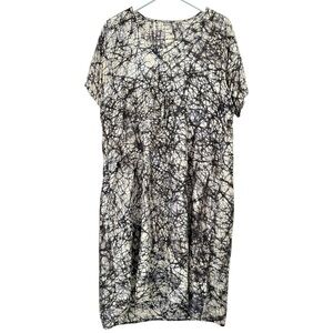 Matta White Purple Black Abstract Ink Print Short Sleeve Silk Midi Dress